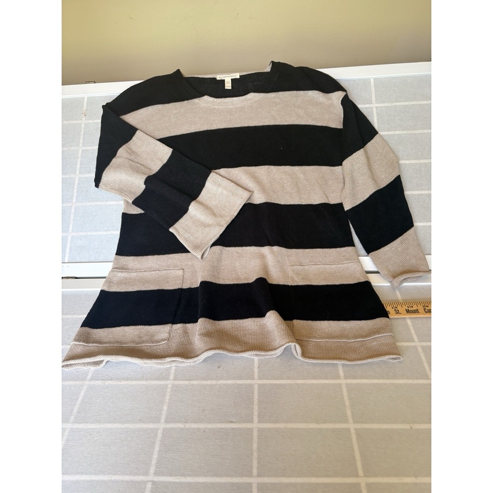 Eileen Fisher Size XXS Black Cream Lagenlook 100% Organic Linen Striped Sweater